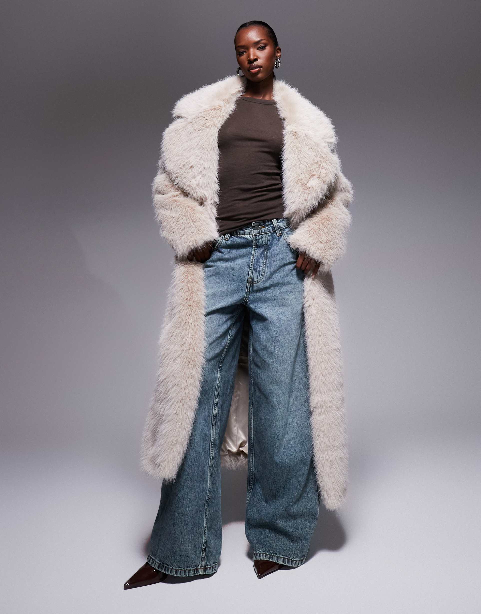 the frolic exclusive faux fur maxi oversized collar maxi coat in beige