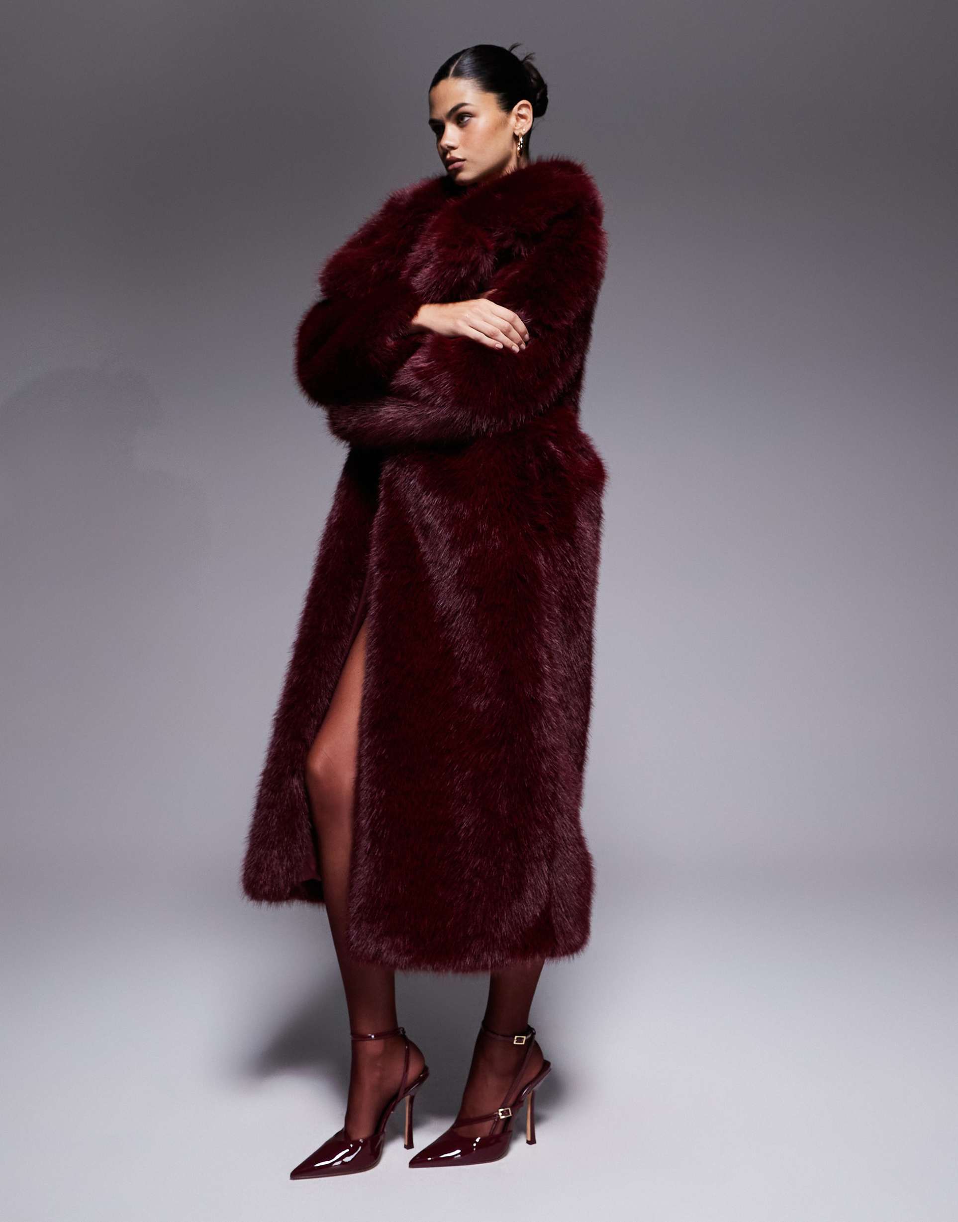 the frolic exclusive faux fur maxi oversized collar maxi coat in dark cherry
