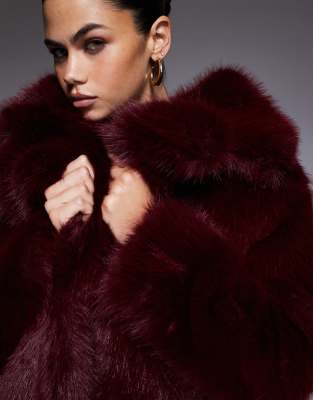The Frolic Exclusive Faux Fur Maxi Oversized Collar Maxi Coat In Burgundy