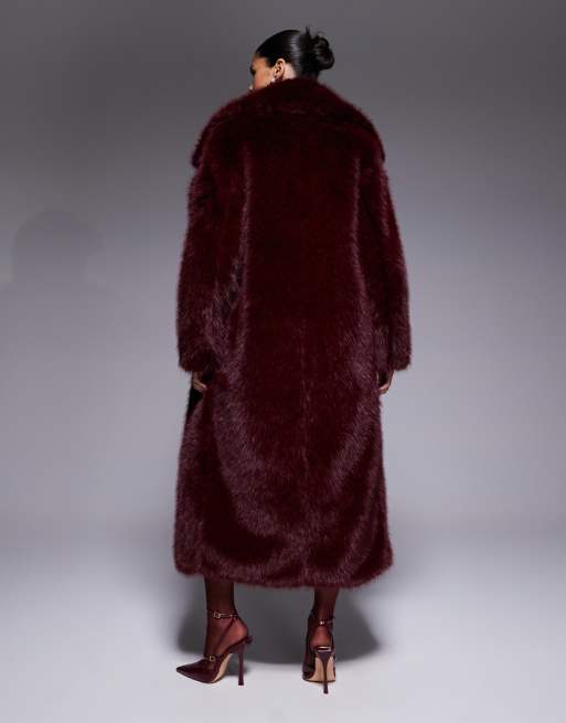The Frolic exclusive faux fur maxi oversized collar maxi coat in dark cherry