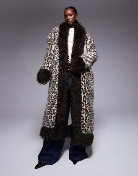 The Frolic Exclusive faux fur mongolian trim maxi coat in brown leopard print - view 1