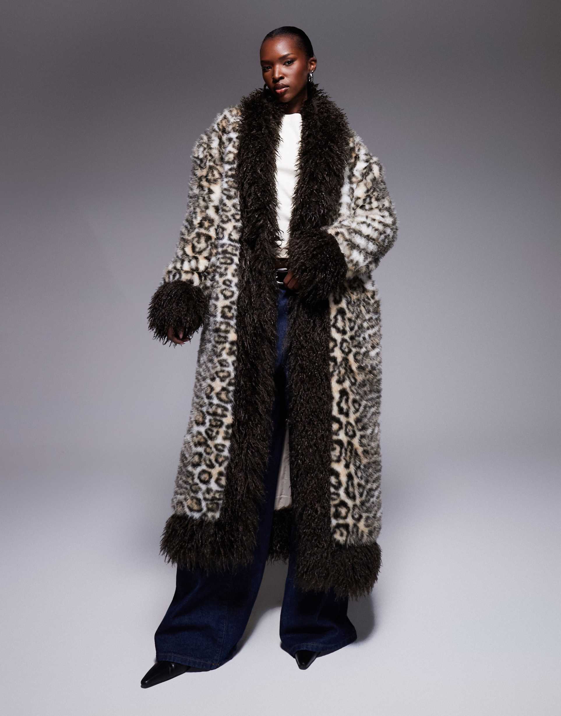 the frolic exclusive faux fur mongolian trim maxi coat in brown leopard print