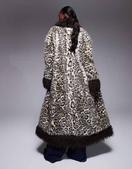 The Frolic Exclusive faux fur mongolian trim maxi coat in brown leopard print