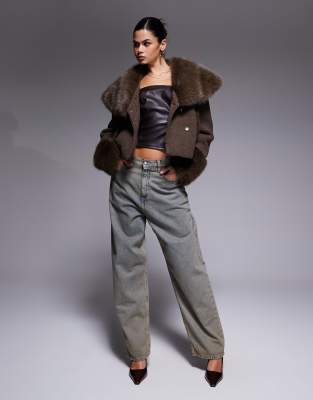 The Frolic Exclusive Faux Fur Oversized Collar And Cuff Detail Jacket In Brown