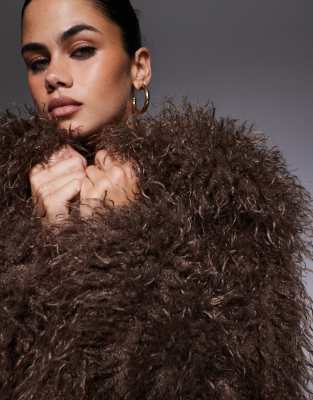 The Frolic Exclusive Faux Fur Oversized Collar Coat In Brown