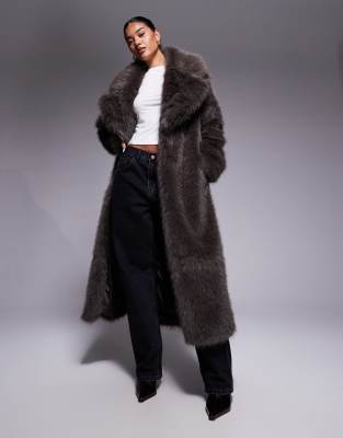 The Frolic Exclusive Faux Fur Oversized Collar Maxi Coat In Brown