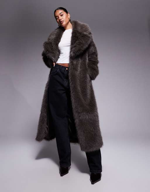 The Frolic Exclusive faux fur oversized collar maxi coat in brown