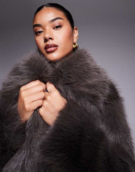 The Frolic exclusive faux fur oversized collar maxi coat in brown, 3 of 5