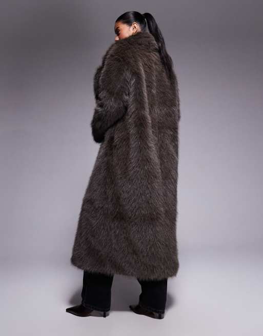 The Frolic exclusive faux fur oversized collar maxi coat in brown, 4 of 5