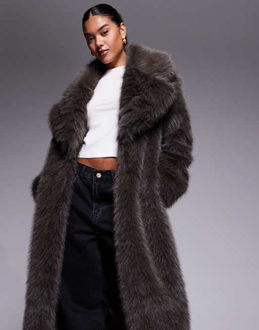 The Frolic Exclusive faux fur oversized collar maxi coat in brown