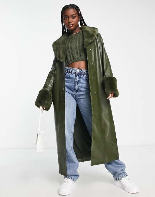 The Frolic exclusive faux fur trim longline coat in khaki 