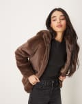 [The Frolic] The Frolic exclusive faux fur zip through hooded bomber jacket in chocolate brown 8 Chocolate brown