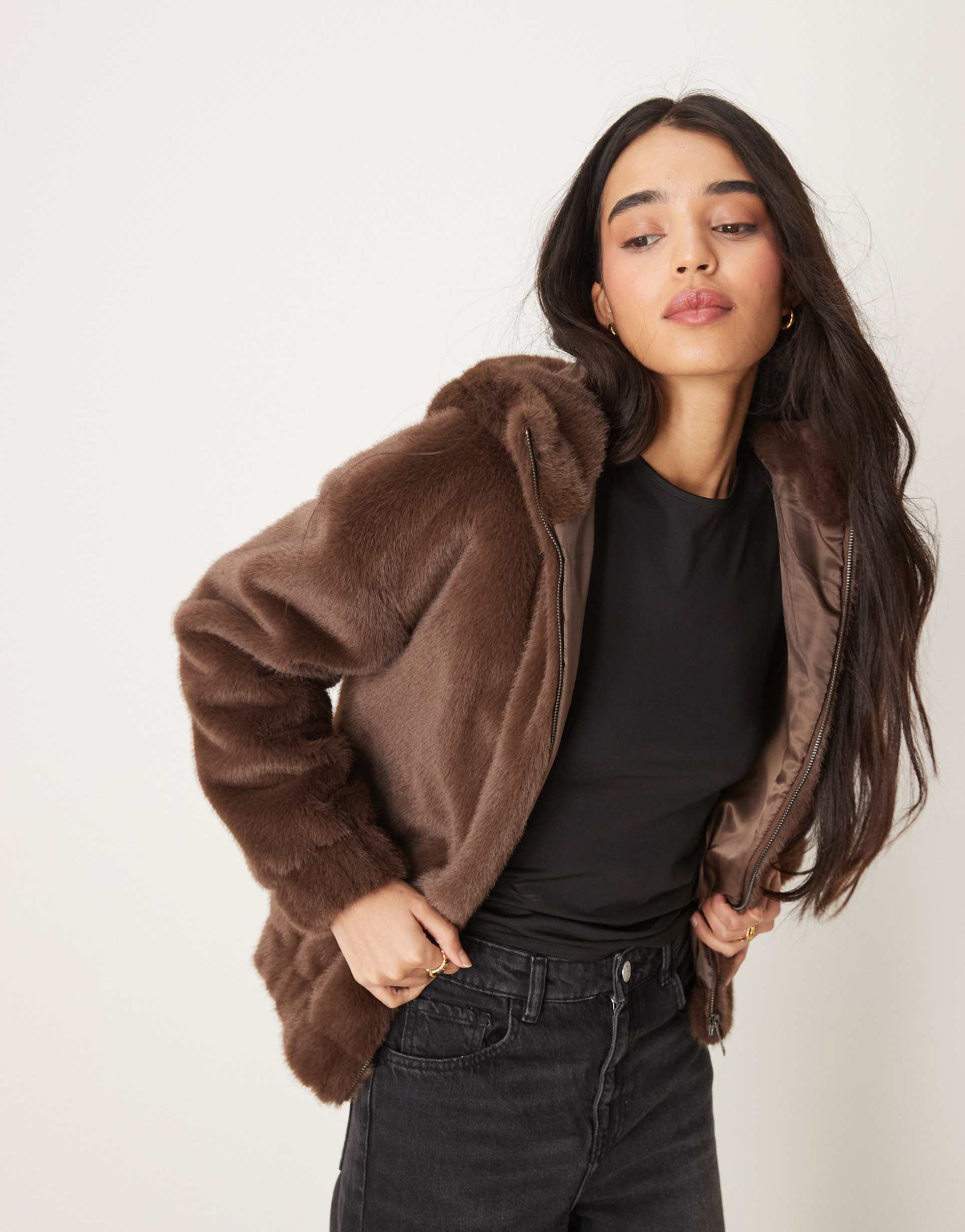the frolic exclusive faux fur zip through hooded bomber jacket in chocolate brown