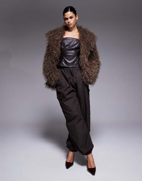 The Frolic exclusive faux mongolian fur oversized collar coat in coffee - view 1