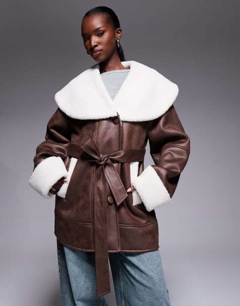 The Frolic exclusive faux shearling and cream borg contrast belted coat in brown - view 1
