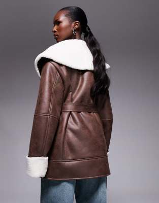 The Frolic Exclusive Faux Shearling And Cream Borg Contrast Belted Coat In Brown