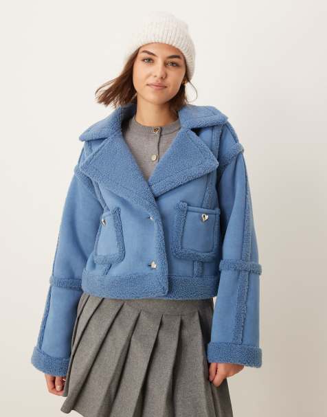 The Frolic exclusive faux shearling gold heart button detail jacket in blue - view 1