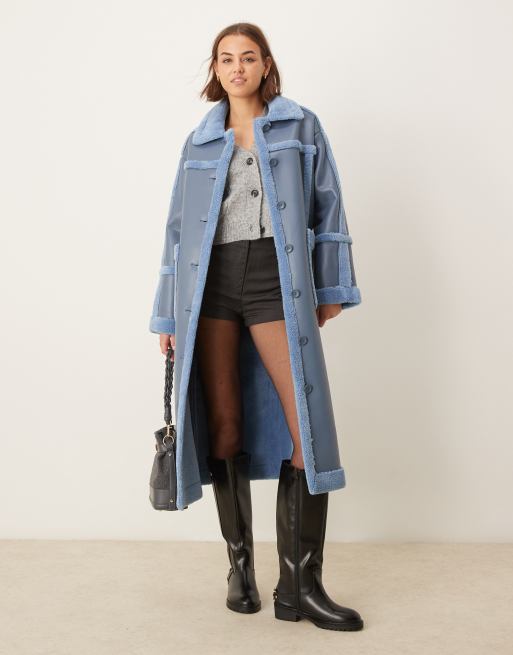 Blue shearling shops faux fur longline coat