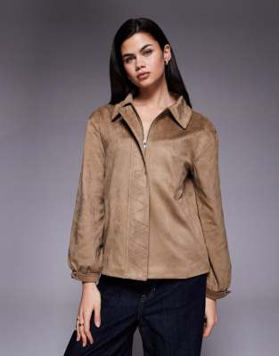 The Frolic Exclusive Faux Suede Balloon Sleeve Bomber Jacket In Brown