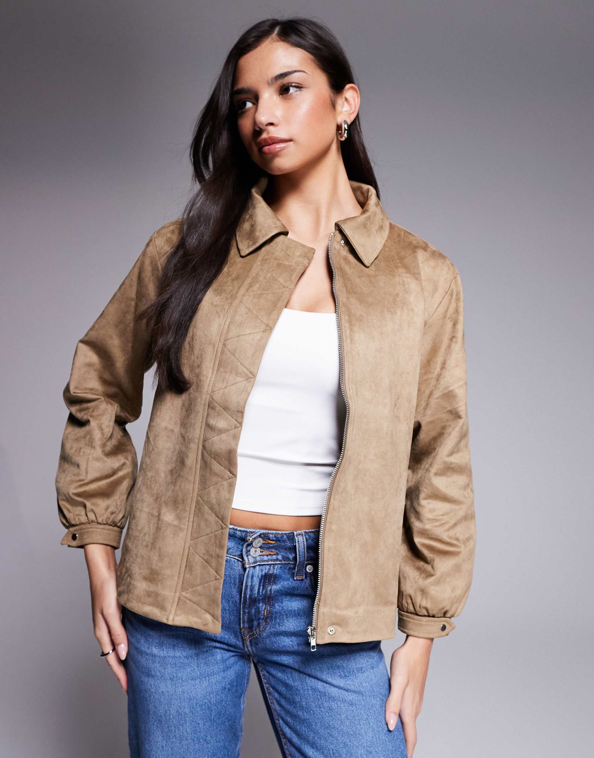 the frolic exclusive faux suede balloon sleeve bomber jacket in mocha