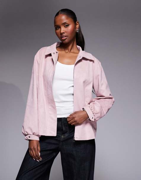 The Frolic exclusive faux suede balloon sleeve collared bomber jacket in baby pink - view 1