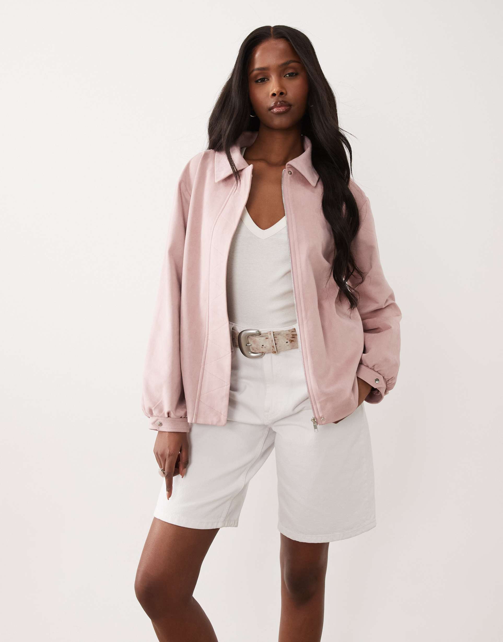 the frolic exclusive faux suede balloon sleeve collared bomber jacket in baby pink