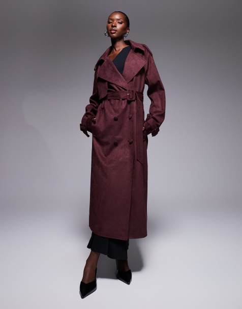 The Frolic Exclusive faux suede oversized collar detail belted trench coat in plum - view 1