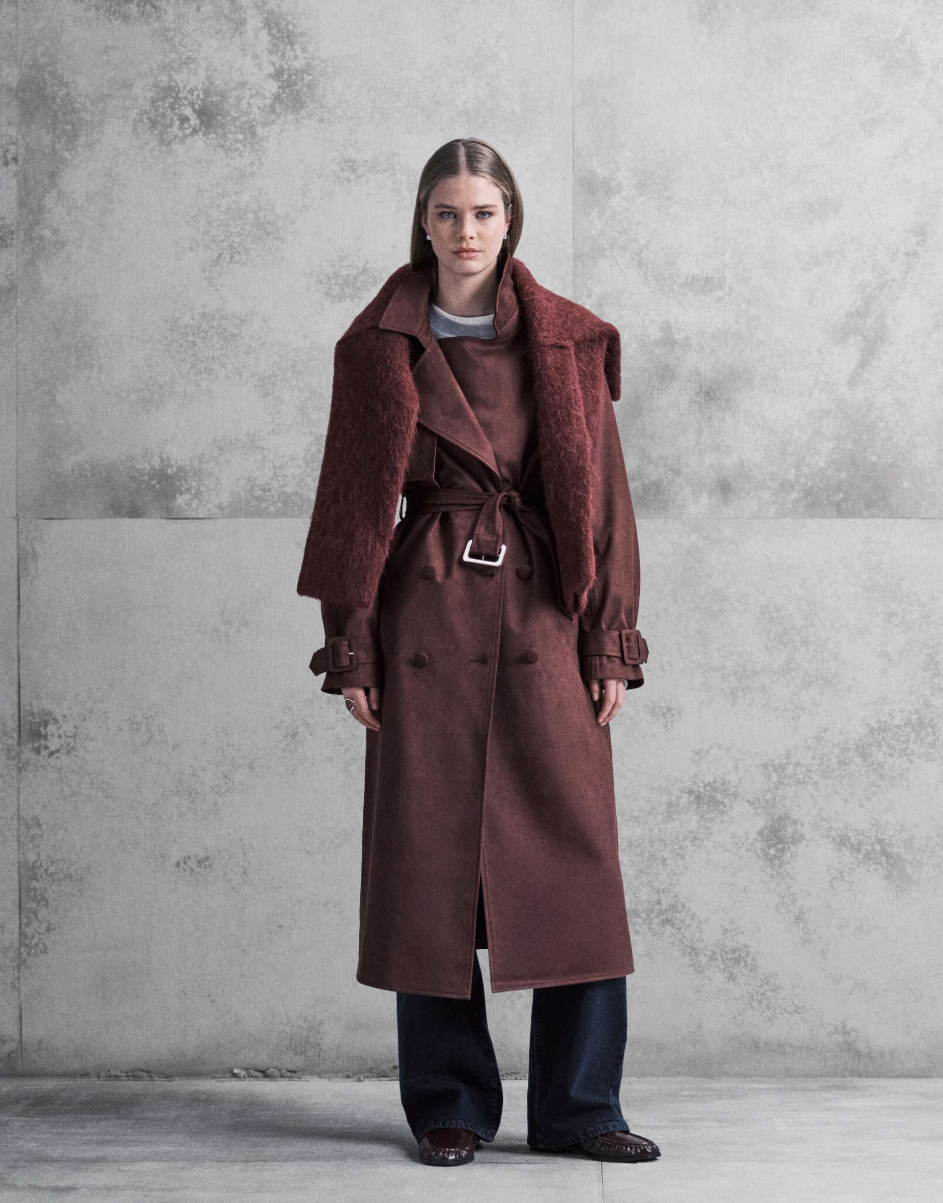 the frolic exclusive faux suede oversized collar detail belted trench coat in plum