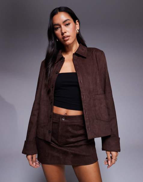 The Frolic exclusive faux suede pocket front wide cuff jacket co-ord in chocolate
