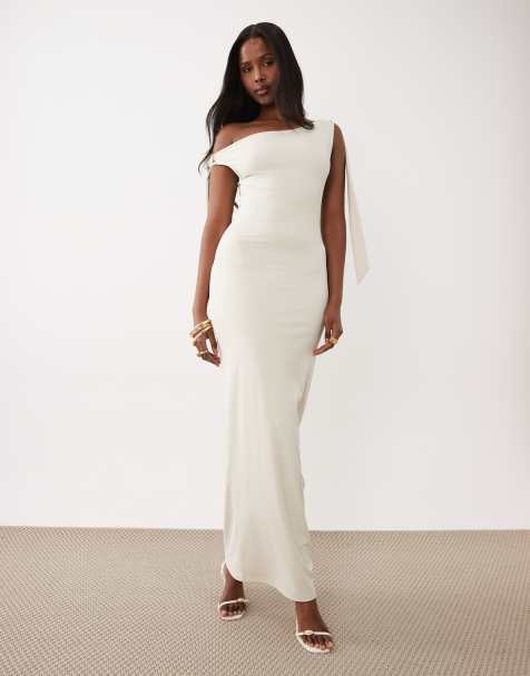 The Frolic – Exclusive – Figurbetontes, fließendes Maxikleid in Creme mit asymmetrischer Schulterpartie und Bindedetail - view 1