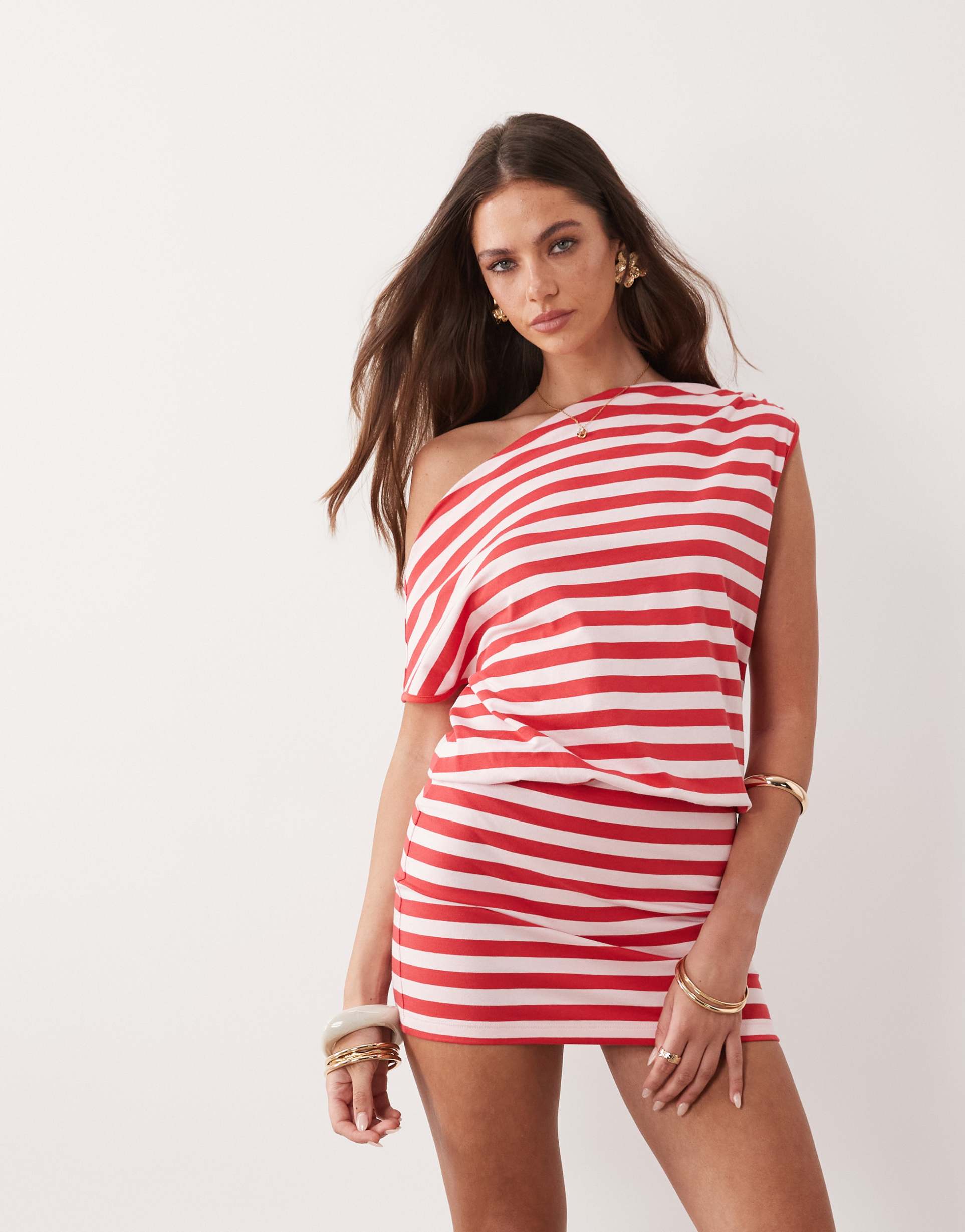 the frolic exclusive fitted skirt asymmetric shoulder mini dress in pink & red stripe
