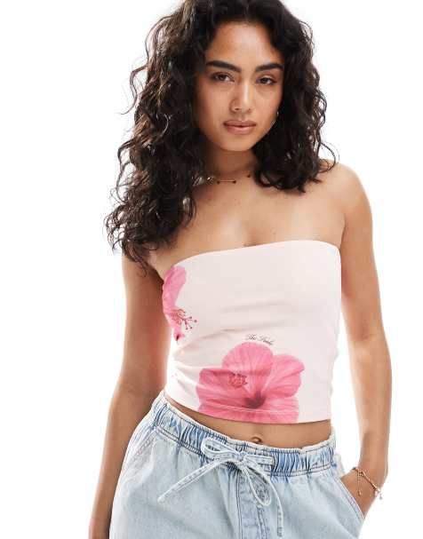 The Frolic exclusive floral bandeau top in pink hibiscus print - view 1