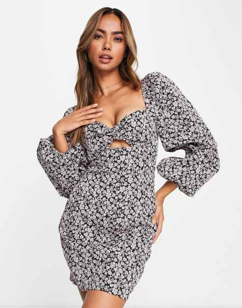 The Frolic exclusive floral jacquard volume sleeve mini dress in black and pink  - view 1