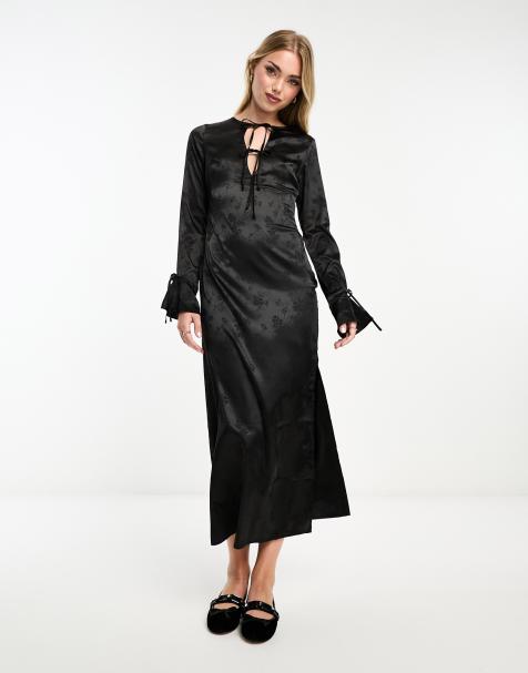 The Frolic exclusive floral satin tie-detail midaxi dress in black - view 1