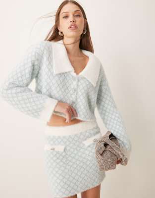 The Frolic exclusive fluffy diamante button through diamond stitch collar detail cardigan co-ord in blue