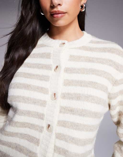 The Frolic exclusive fluffy knit button through cardigan in beige & cream stripe, 3 of 4