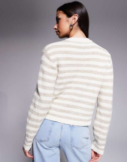 The Frolic exclusive fluffy knit button through cardigan in beige & cream stripe, 4 of 4