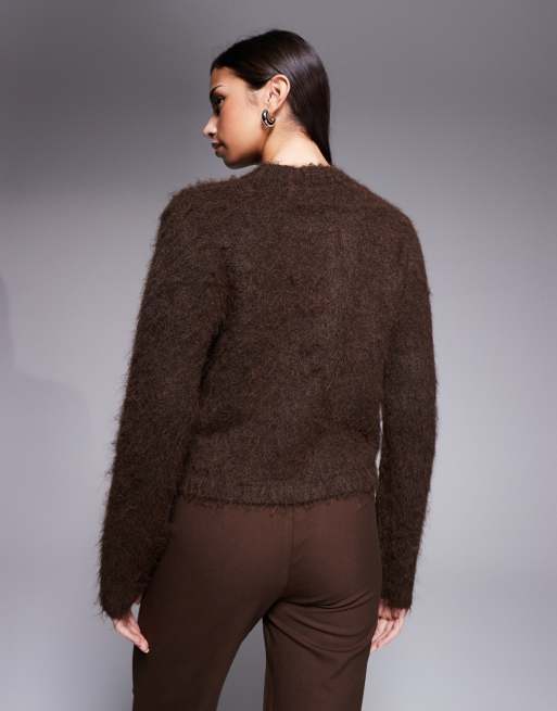 The Frolic exclusive fluffy knit button through cardigan in chocolate, 3 of 4
