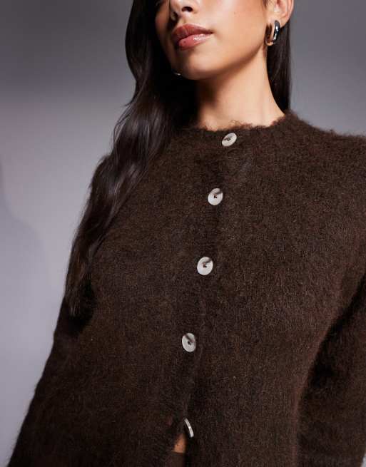 The Frolic exclusive fluffy knit button through cardigan in chocolate, 4 of 4
