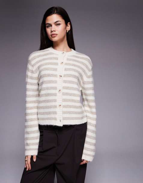 The Frolic exclusive fluffy knit button up cardigan in beige & cream stripe - view 1