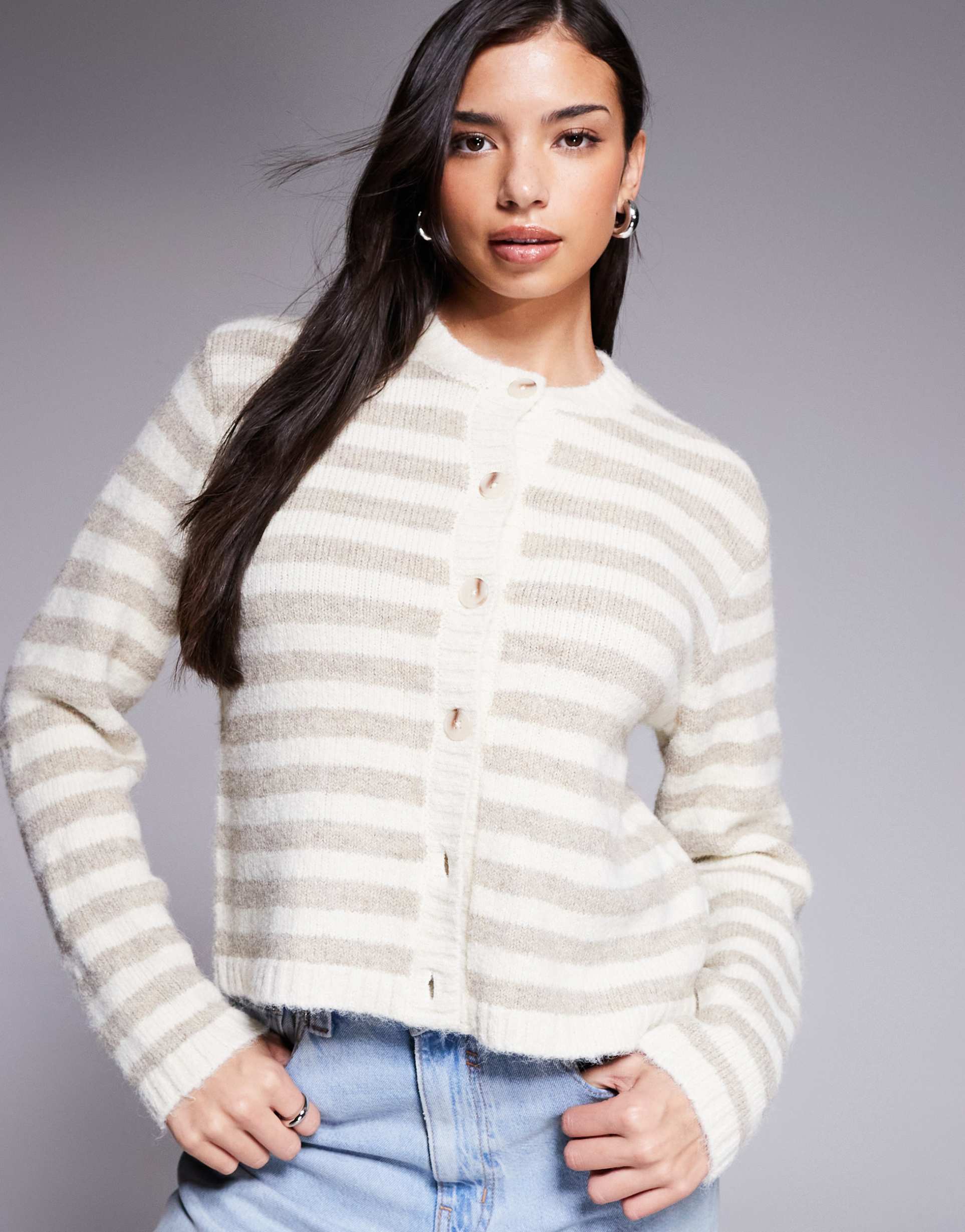 the frolic exclusive fluffy knit button up cardigan in beige & cream stripe