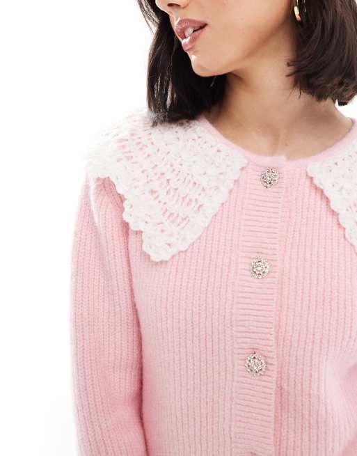 The Frolic exclusive fluffy knit crochet collar diamante button