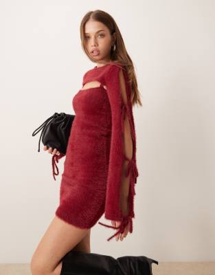 exclusive fluffy tie sleeve knitted mini dress in burgundy-Red