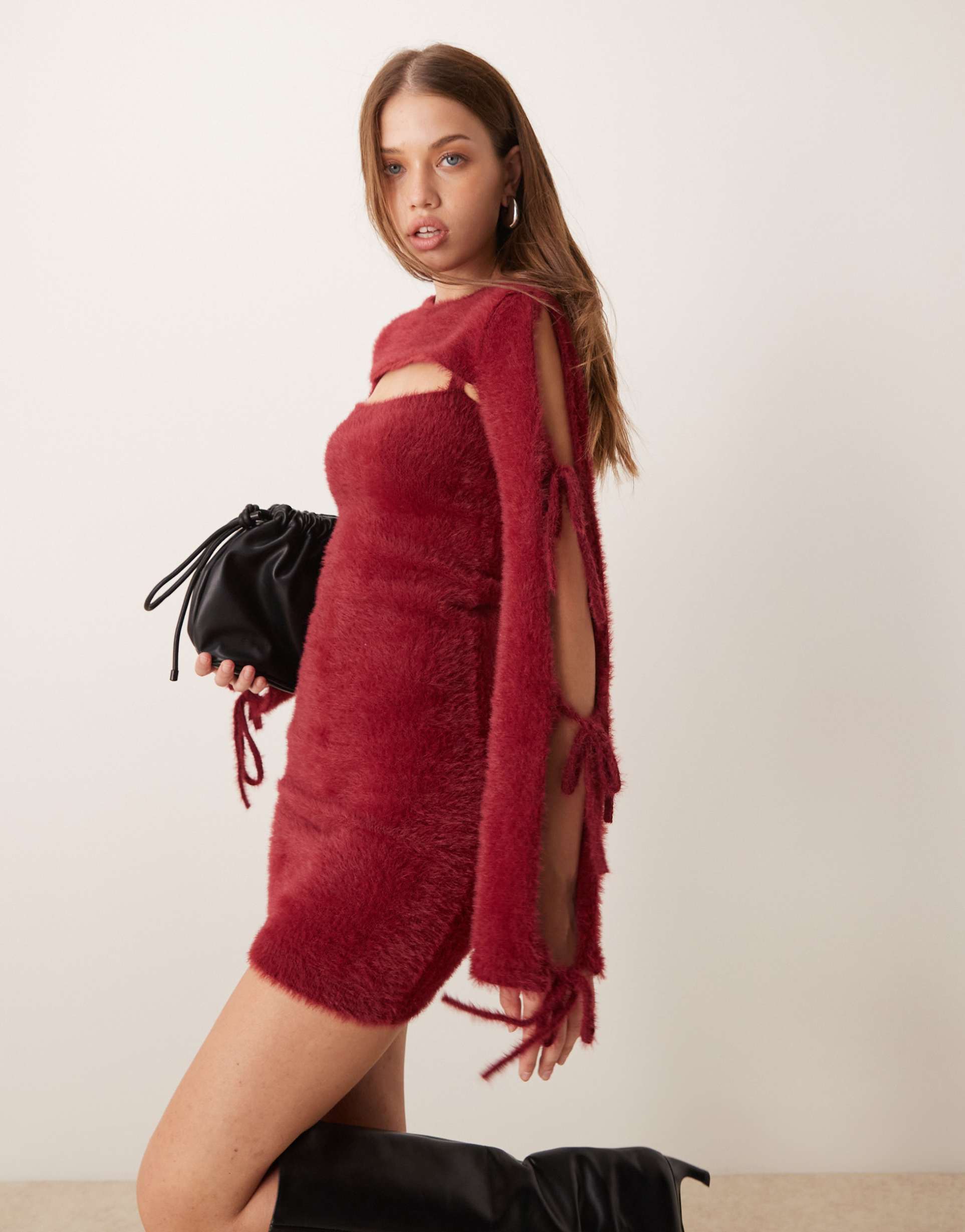 the frolic exclusive fluffy tie sleeve knitted mini dress in burgundy