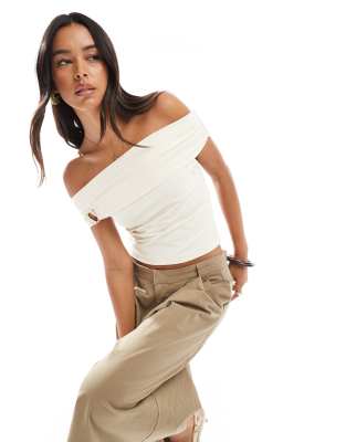 The Frolic The Frolic exclusive foldover bardot top with heart hardware detail in cream-White