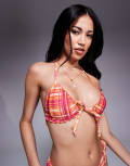[The Frolic] The Frolic exclusive frill detail tie front bikini top in pink and orange check (Part of a set)-Multi 34 Orange and pink