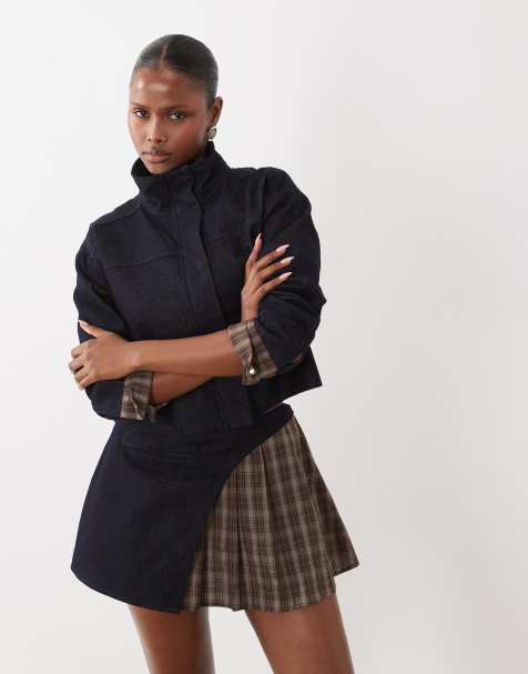 The Frolic exclusive funnel neck jacket and pleated mini skirt set in denim with contrast plaid - view 1