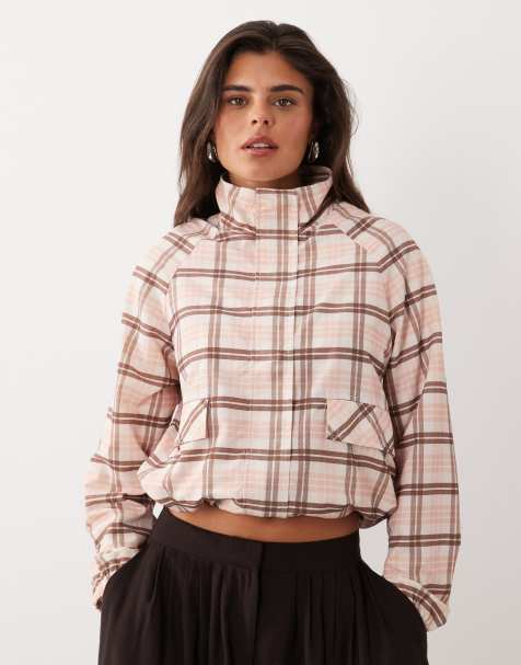 The Frolic exclusive funnel neck track jacket in beige check - view 1