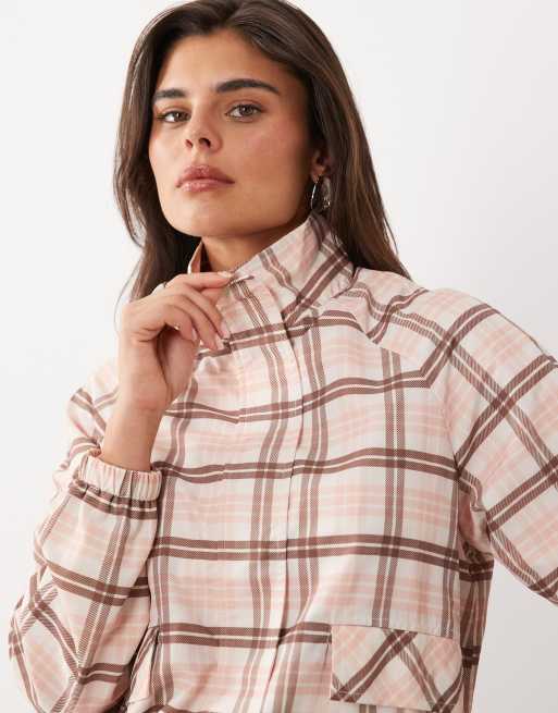 The Frolic exclusive funnel neck track jacket in beige check , 4 of 4