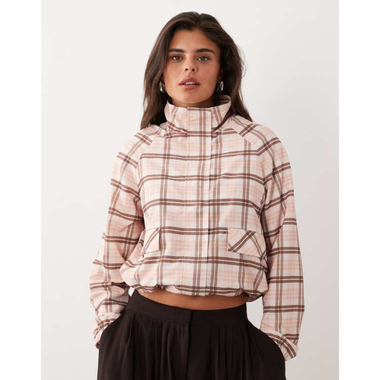 The Frolic exclusive funnel neck track jacket in beige plaid | ASOS